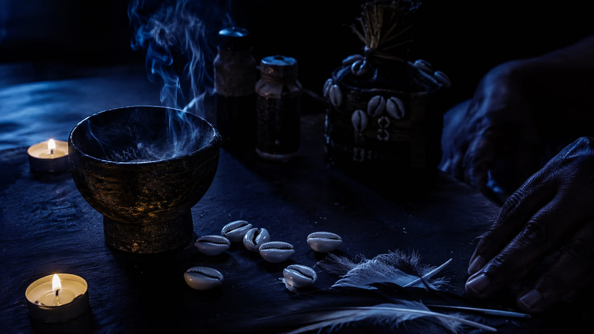 Coupe rituelle, cauris et plume dans une lumière bleue, une main au bord du cadre