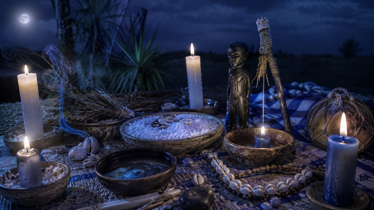Bougies blanches, statuette et coupes d’eau dans la nuit bleue