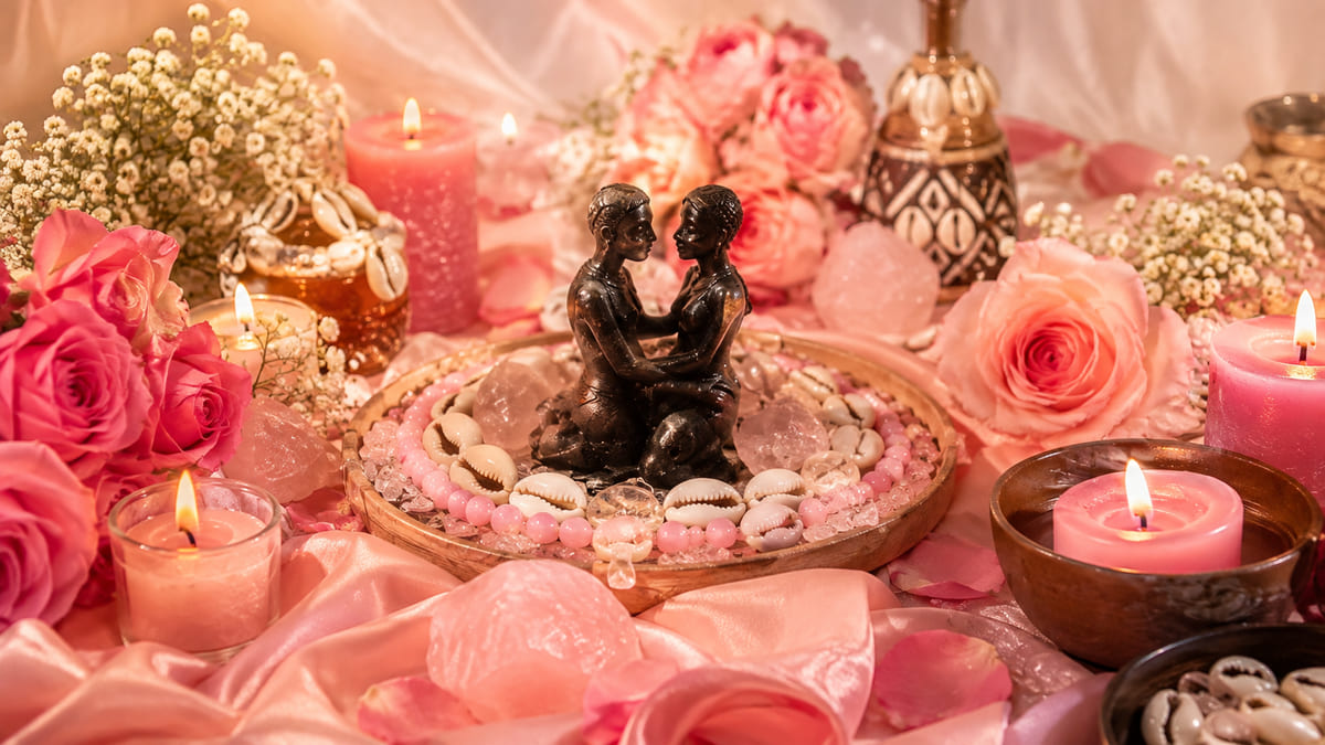 Deux figurines enlacées entourées de roses et de bougies roses